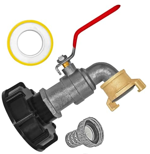 MegaHaustechnik IBC Tank S60x6 Zubehör Anschluß Adapter mit Volldurchlass-Auslaufhahn + Messing Schnellkupplung für GEKA, Container GrobgewindeØ 60 x 6mm Gewindesteigung Schraub Anschluß Kappe Deckel