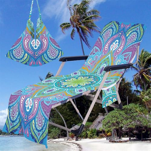 Treer Beach Chair Cover Towel, Mandala Style Beach Towel, Portable Beach Sunbed Towels, Sun Lounger Towels with Pockets, Microfiber Towel for Beach Garden Vacation (Teal,75x210cm)