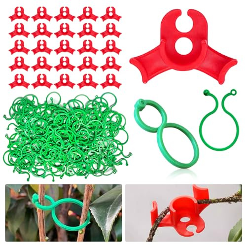 Qnynnty 200 Stück Grüne Pflanzenclips & 40 Stück Rote Pflanzenbieger Wiederverwendbare Klammern und 90° Stützclips für Kletterpflanzen, Gemüse, Blumen, Ideal für Pflanzenstärkung und Umlenkung