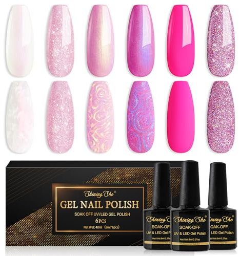 Shining She Gel Nail Polish, 6 Colors Pale Pink Rose Glitter Gel Polish Soak-Off UV/LED Shimmer Nail Polish for Nail Art Salon DIY Home, 8ML