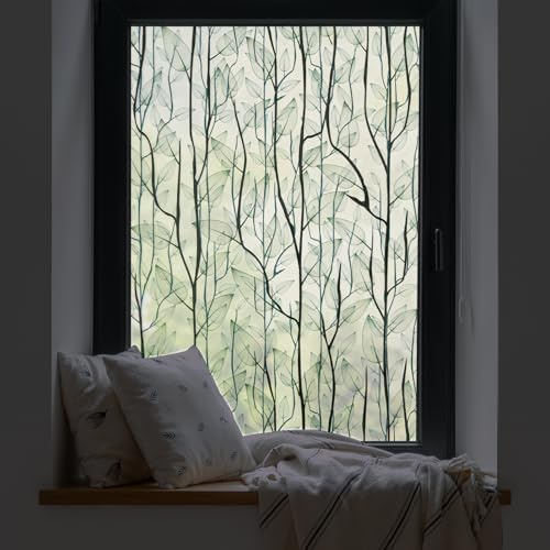 dktie 3D Fenster-Sichtschutzfolie, statisch haftende Fensterfolie, ohne Klebstoff, mattierte Fensterfolie, Pflanzen, Fensteraufkleber, für Zuhause, Badezimmer, Kinderzimmer, Schlafzimmer 44.5x200cm