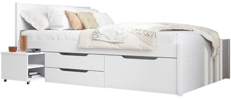 Inter Link - Lit Simple 90 x 200 cm - Lit gigogne avec Espace de Rangement - Pin Massif - 2 Grands tiroirs et 1 tiroir - Sommier à Lattes Inclus - Laqué Blanc - Efetivo 90 x 200 cm
