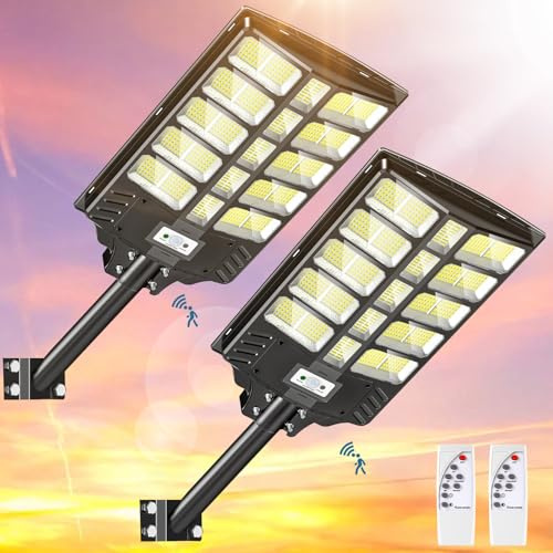 papasbox 2 Stück 1200W LED Solar Straßenlaterne mit Fernbedienung | Straßenlampe 6500K Solarbetriebene mit Bewegungsmelder Sensor | Außen Wegeleuchte im Freien Straßenleuchte