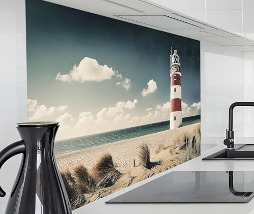 timalo Alu Spritzschutz Wand für Herd, Küche Küchenrückwand | Aluminium 2mm | Alurückwand Aluverbund Wandpaneele Rückwandschutz Platte | 60x40cm Leuchtturm Meer Strand