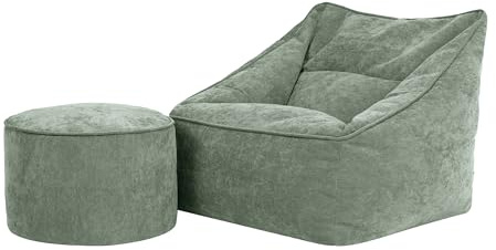 Icon Natalia Sitzsack Sessel mit Hocker für Erwachsene, Salbeigrün, Flauschiger Chenille-Stoff, Riesen Sitzsack mit Füllung, Bean Bag Chair, Bequemer Sessel Wohnzimmer, Lounge, Schlafzimmer, Büro