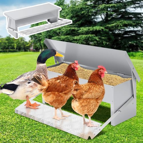Fiqops Futterautomat Hühner 5KG Futterspender Futtertrog mit Automatisches Pedal und Wasserfest Decke Hühnerfutter für Geflügel, Wasserdicht und rattensicher