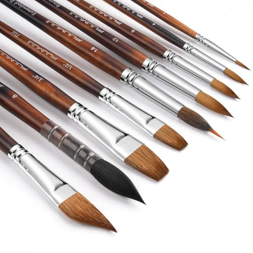 Pinceles Acuarela Profesionales - 9 Pinceles de Pelo Natural para Acuarela | Excelente Resorte y Gran Absorción | Pinceles mop Acuarela, Watercolours Brushes, Pinceles de Artista