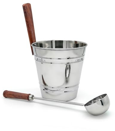 Sauflex 5L Saunakübel- und Kellenset – Edelstahlkübel und 44 cm Kelle mit Holzgriff, rostbeständiges Sauna-Zubehör