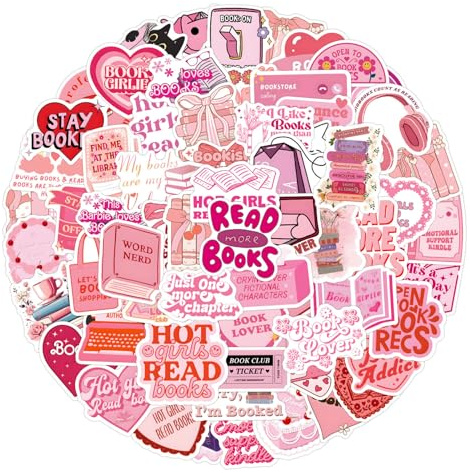 120Pcs Bookish Pink Cartoon Stickers - Waterproof & Reusable Aesthetic Stickers for Kindle, Laptop, Journal, Water Bottle - Cute Holographic Scrapbooking Decals for Teens, Kids & Adults