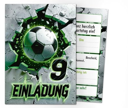 Junaversum 12 Einladungskarten zum 9. Kindergeburtstag Fußball Fussball Kinder Jungen coole bunte Einladungen neunte Geburtstag Geburtstagseinladungen Kids