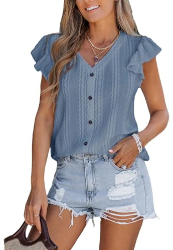 CUPSHE Camicette estive da donna con occhielli ricamati a maniche corte con bottoni e fron elegante casual da donna, Grigio blu, M