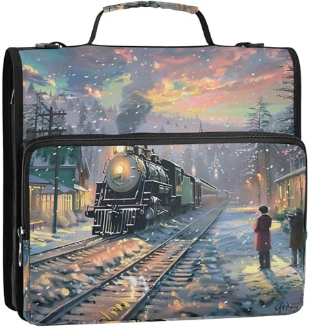Village Train Peinture Hiver Classeur 3,8 cm 3 anneaux Fermeture éclair Organiseur Sac d'école Sac de classeur avec bandoulière Rose Rangement Portfolio Dossier avec poignée