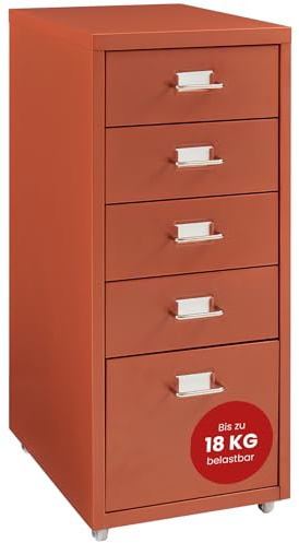 [en.casa] Rullbehållare Kökar lådskåp metall arkivskåp med 5 lådor kontorsvagn med hjul för arbetsrum 69 x 28 x 41 cm tegelröd