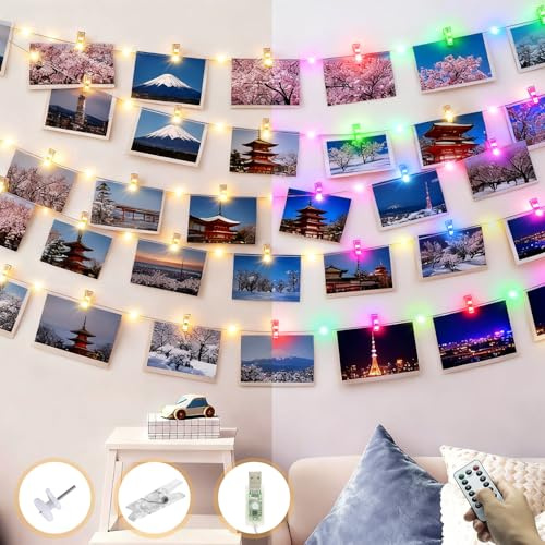 litogo 5M 50LEDs Fotoclips Lichterkette, 8 Modi USB Lichterkette mit Fernbedienungen, Fotos Wand mit 30 Klammern Bilder für Wohnzimmer, Weihnachten, Hochzeiten, Party Deko, Warmweiß & Bunt | mit Fernbedienungen &60 Klammern Bilder für Zimmer, Wohnzimmer, Weihnachten, Hochzeiten, Party Zimmer, Warmweiß & Bunt