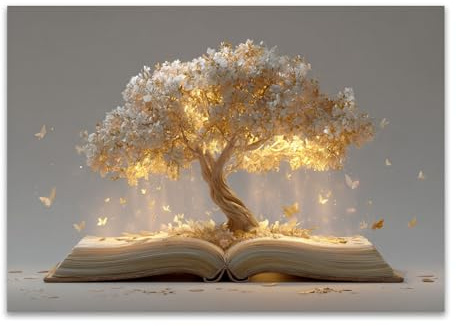ZAMAEIU Tableau arbre de vie, Arbre à fleurs de livres, Impression Ouvrages D'art Le Bureau À Domicile salon, salle de bain Décoration Moderne(blanc)-80x120cm Sans cadre