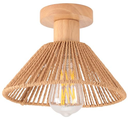 iDEGU Retro Deckenleuchte 22cm Vintage Lampe Boho Design Deckenlampe Lampenschirm aus Rattan und Holz E27 Beleuchtung Dekoration Kronleuchter für Schlafzimmer, Flur, Esszimmer (Rattan Cremeweiß)