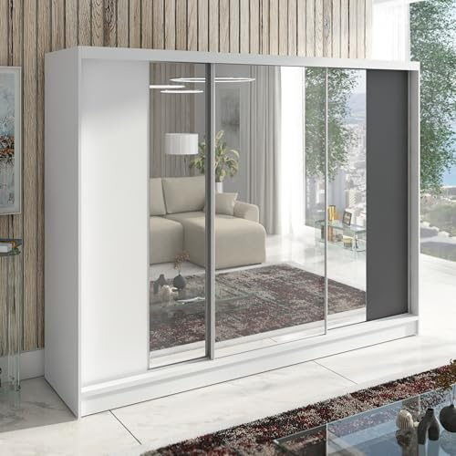 A&J MöbelLand Schwebetürenschrank VIDA Kleiderschrank 3-türig mit Schubladen und Spiegel, Garderobe 200 cm (Weiß)