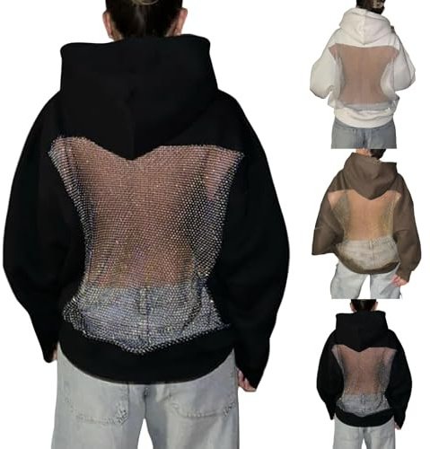 Med nätinlägg dam sweatshirt med huva stora storlekar huvtröja dam oversize bomull nättröja med hålmönster huvtröja tjock långärmad tröja fluffig tröja termo tröjor, BRUN, XL
