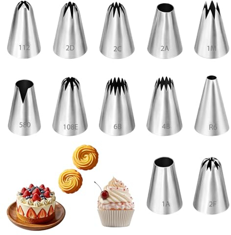 Ruvan 12 Ensembles Professionnels D'Embouts, Grandes Douilles Réutilisables En Acier Inoxydable Pour Poche À Douille, Décoration De Gâteaux, Cupcakes, Biscuits Et Desserts