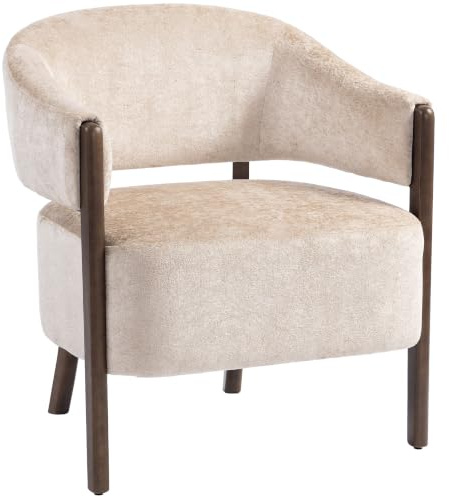 HOMCOM Loungesessel Sessel mit Chenille-Optik, Gebogen Rückenlehne, Beige | Relaxsessel, Holzbeinen, Moderner Polsterstuhl Armlehnstuhl, für Wohnzimmer, Schlafzimmer