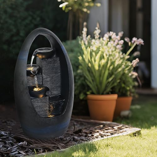 5-Tier water Fountain Outdoor Garden with LED Lights, 20 inches outdoor Garden Fountain for Patio, Garden Fountains Outdoor, Mains Powered, 5m Cable, (Stone Wall)