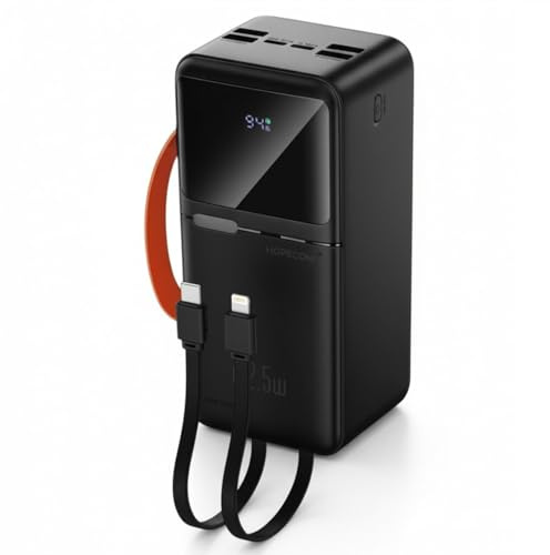 Power Bank de 50000mAh con Carga rápida, batería Externa de Gran Capacidad con Cable USB‑C Integrado y Pantalla LED 6 Salidas, Linterna, batería portátil para Camping