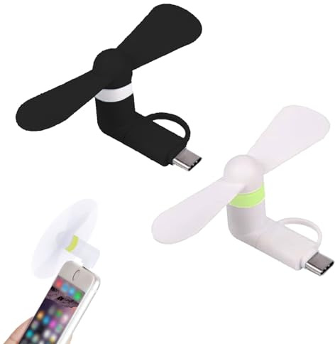 Cerioll 2 Stücke Mini-Handy-Lüfter, 2 in 1 Mini-Handy-Ventilator, Tragbarer Kühler Rotierender Ventilator, Tragbarer Mini-USB-Handy-Lüfter, 2-in-1-Lüfter für i-Phone -Telefone/Type-C-Telefone