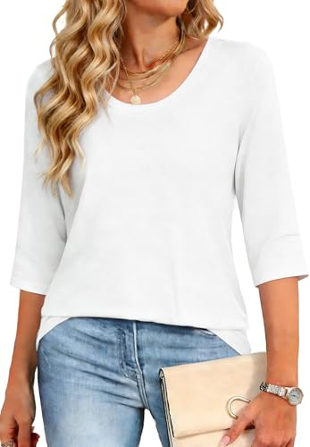 Crewhpo Camiseta Manga 3/4 Mujer Cuello Redondo Básica Top Elegante Túnica Blusas Color Sólido Verano Casual Camisetas Holgada y Cómoda