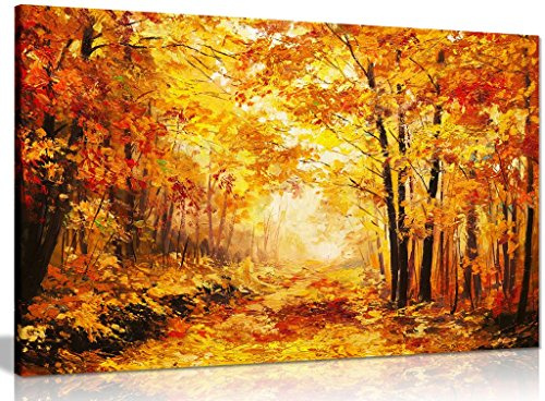 Abstract Vivid Oil Painting Colourful Orange Yellow Autumn Forest Leaves Canvas Wall Art Picture Print (30x20in)