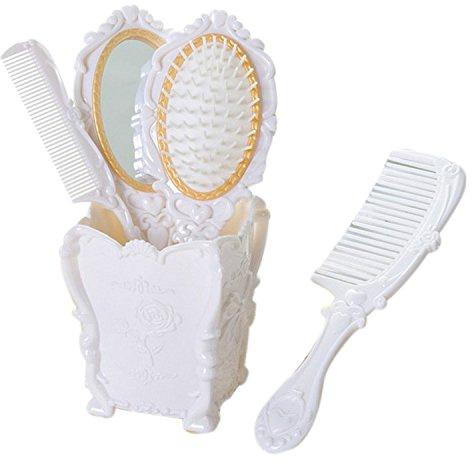 4pcs Hair Brush, Vintage Hair Brush Set for Women Mirror Brush Comb Set with Holder, Professional Hairbrushes Set, Handheld Mirror with Embossed Flower, Suitable for All Hair Types (White)