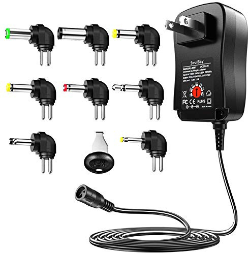 SoulBay Universal Power Supply AC to DC 3V 4.5V 5V 6V 7.5V 9V 12V Multi Voltage Power Adapter with 8 Plugs for Center Negative(-) Tip Negative Effects Pedals Keyboards Instrument - 2A Max