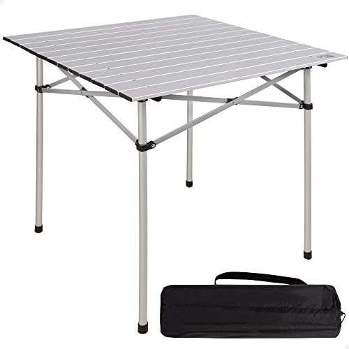 AKTIVE Mesa plegable ligera, Mesa camping aluminio, Tablero laminado, 70x70x70 cm, con bolsa de transporte, topes antideslizantes, para 4 personas (52840)