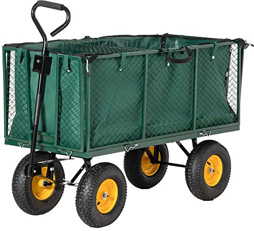 Outsunny Large 4 Wheel Heavy Duty Garden Cart Truck Trolley Wheelbarrow with Handle and Metal Frame - Green