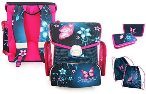 SCOOLSTAR Schmetterling Schulranzen Set MÄDCHEN 1 KLASSE | Set 3 TEILIG FÜR GRUNDSCHULE | INKL. FEDERMÄPPCHEN SPORTBEUTEL