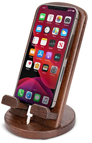 TESLYAR Support Telephone de Bureau Bois | Support Smartphone Compatible avec Tous Les Smartphones | Portable | Bois de frêne Naturel Solide
