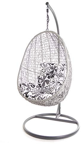 Kideo® Komplettset: Hängesessel mit Kissen und Gestell, Loungemöbel, Swing Chair, Korbsessel. Farbe: grau, Nest-Kissen (Kissen: schwarz-weiß Blumenmuster (9800 fossil Flower Love))