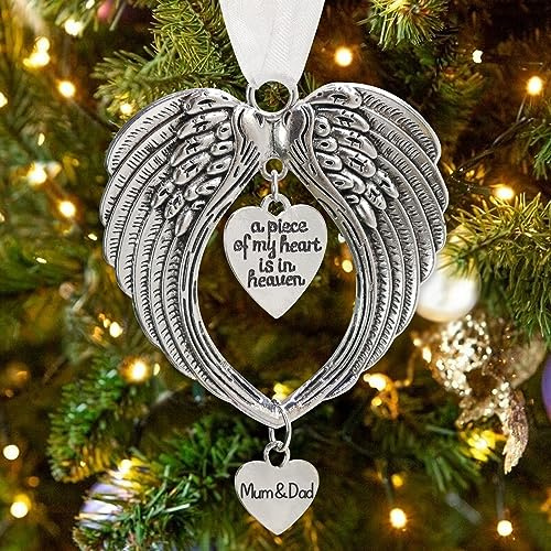 MOTONG Christmas Memorial Ornament Baubles, Angel Wings Shape ”a piece of my heart is in heaven” Two Sweet Heart Shaped Pendants for Christmas Tree Hanging Decoration(Mum & Dad)