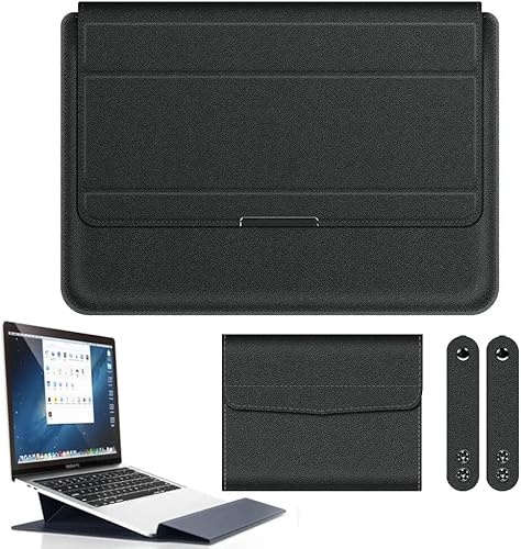 11–17 tum universell multifunktionell vattentät PU-läder laptopväska, handhållna hopfällbara laptopfodral med musficka och fäste, 3-i-1 stativ vadderad väska