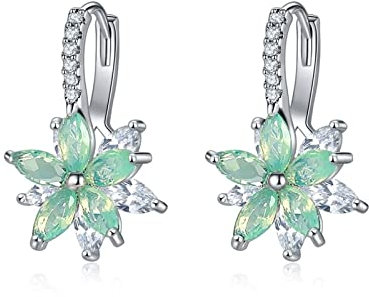 Damen Ohrringe Ohrhänger, Ohrringe Vintage Blumen Huggie Ohrringe Silber Hellgrün mit Marquiseschliff Zirkonia Weiß Vergoldet