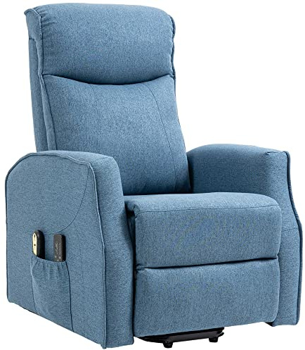 HOMCOM Sessel mit Aufstehhilfe, Massagesessel mit Fernbedienung, Liegefunktion Relaxsessel mit Fußstütze, Fernsehsessel mit Seitentasche, Elektrischer TV-Sessel mit Leinenoptik, Blau