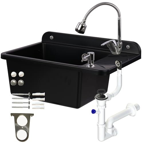 Waschbecken Ausgussbecken 51 cm Schwarz Granit Polystyrol Haushaltsspülbecken Spüle mit beweglich Armatur Spülbecken Waschtrog mit Überlauf Seifenspender Siphon wandausgussbecken