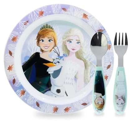 Sorrisini Vajilla Infantil Reutilizable Apta Para Microondas Para Niños, Juego de Desayuno para la Primera Comida Cubiertos, Tenedor, Cuchara de Acero Inoxidable y Plato, sin BPA, Frozen Elsa