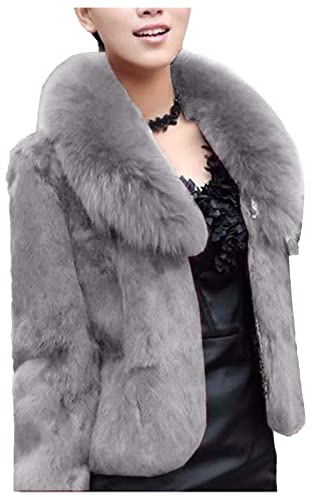 L9WEI Chaqueta de piel sintética para mujer, corta, elegante, corta, abrigo de piel sintética, abrigo de invierno, gris, M