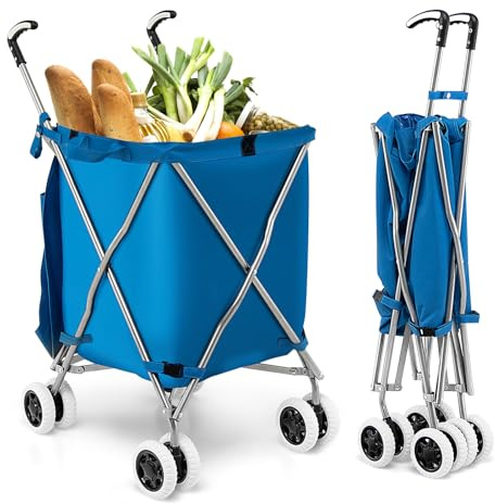 COSTWAY Folding Shopping Cart, Portable Grocery Cart on Wheels with Removable Waterproof Oxford Cloth Liner, Transport Up to 120 Pounds, Lightweight Utility Cart for Groceries, Laundry (Blue)