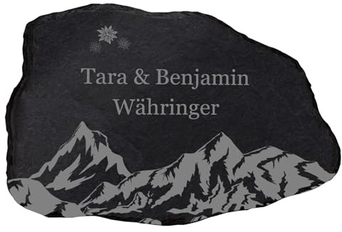 mtb more energy Türschild Namensschild aus Schiefer mit Gravur - Alpenpanorama - 22x15cm - Naturform- personalisierbares Schild Haustür