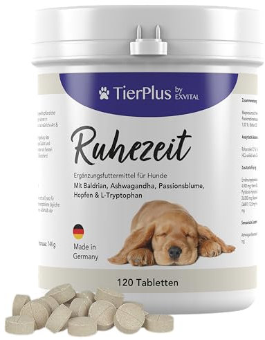 TierPlus Ruhezeit Tabletten für Hunde, Relax Tabs mit Baldrian, Ashwagandha, Hanföl, Hopfen, L-Tryptophan & Passionsblume, 120 Tabletten, Hochdosiert & mit Soforteffekt