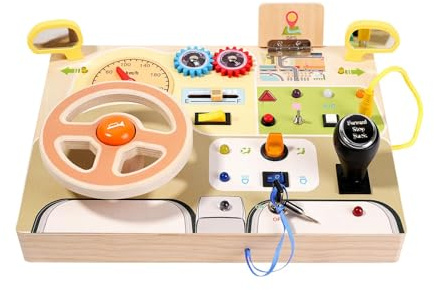 Montessori Busy Board with LED Wooden Sensory Toy Developmental Sensory Board Baby Travel Toys for Toddlers 1-3, steering wheel