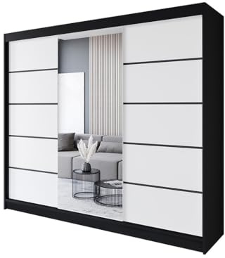 Easy4You R6 250 cm Schwarz/Weiß Schiebetüren Kleiderschrank 250x215x58 cm mit Spiegel - Schlafzimmermöbel, Aufbewahrung - Mehrzweckschrank