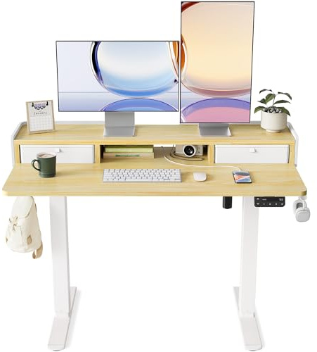 YIHAYO Höhenverstellbarer Schreibtisch mit Schubladen und Monitorständer 120x60 cm, Elektrischer Schreibtisch Stehschreibtisch mit Memory Funktion, Natural
