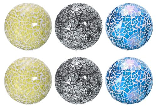 QUARKZMAN 6 Bolas Decorativas de Vidrio de 6cm, Esferas de Vidrio Mosaico para Centros de Mesa, Cuencos, Jarrones, Mesa de Comedor, Fiesta, Plata Negro, Amarillo Claro, Azul